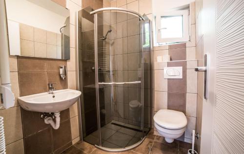 een badkamer met een douche, een toilet en een wastafel bij Tulipán Apartman in Eger