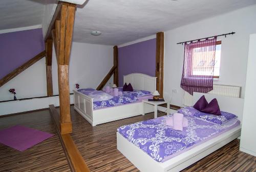 two beds in a room with purple walls at Fontana Pizzeria - Pension in České Budějovice