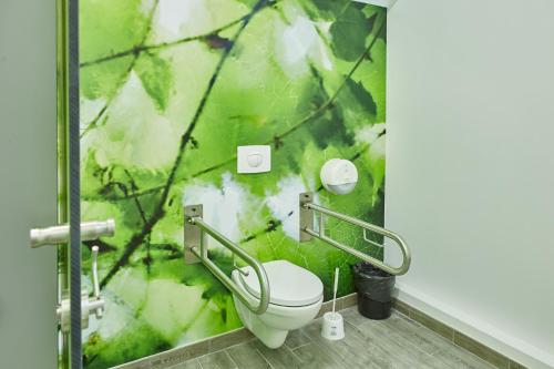 a bathroom with a green wall with a toilet at Albergue Seminario Menor in Santiago de Compostela