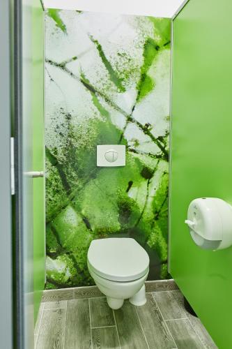 a bathroom with a toilet and a green wall at Albergue Seminario Menor in Santiago de Compostela