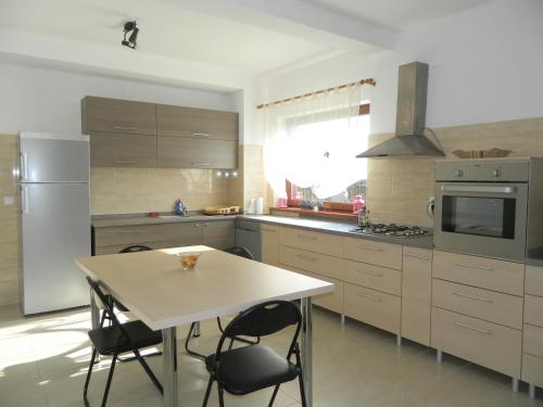 La cuisine est équipée d'une table, de chaises et d'un réfrigérateur. dans l'établissement Pensiunea Dara, à Râșnov