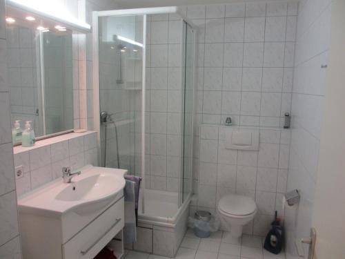 La salle de bains est pourvue d'un lavabo, de toilettes et d'une douche. dans l'établissement Im Zentrum Katharinenstr., à Fribourg-en-Brisgau