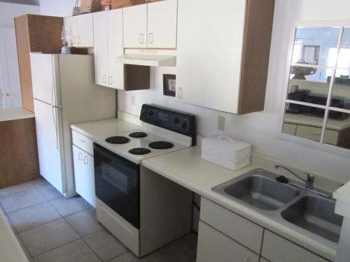 a small kitchen with a stove and a sink at Dodgeton Creek Inn in Cuchara