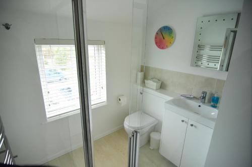 a white bathroom with a toilet and a sink at Tollgate Cottages Bed and Breakfast in Freshwater