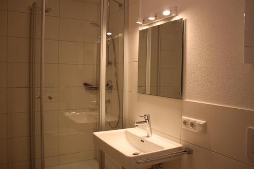 a bathroom with a sink and a shower with a mirror at Stadtvilla Würzburg in Würzburg