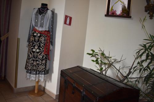 a dress hanging on a wall next to a wooden cabinet at Park Villa - Boutique Hotel in Timişoara