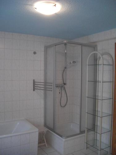 a shower in a bathroom with a tub and a sink at Ferienhaus Schwalbe Seebad Lubmin in Lubmin