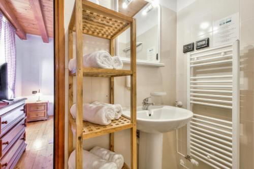 a bathroom with a sink and a shelf with towels at Casa Romantica La Parenzana in Buje