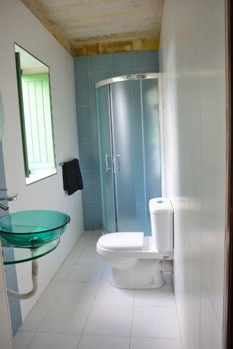 a bathroom with a toilet and a glass shower at The Burrow Guest House in Tarxien