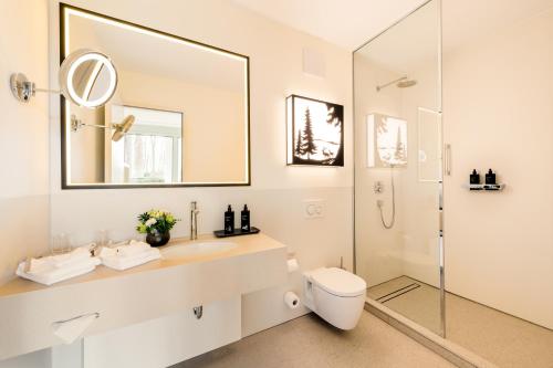La salle de bains est pourvue de toilettes, d'un lavabo et d'une douche. dans l'établissement Parkhotel Rothof, à Munich