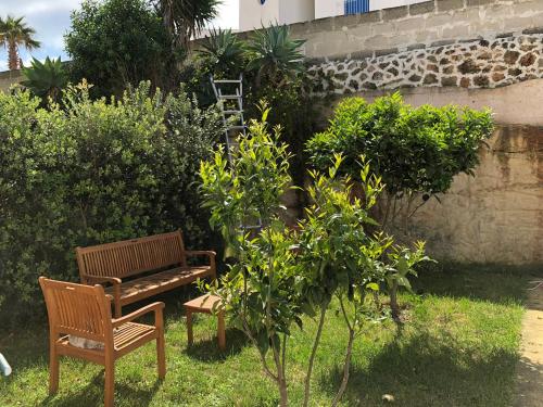 a wooden bench and a chair in a yard at La Casa del Limoneto in Favignana