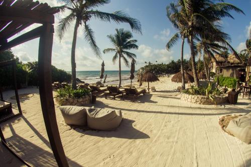a beach with chairs and palm trees and the ocean at Maria Del Mar Tulum - Adults Only in Tulum
