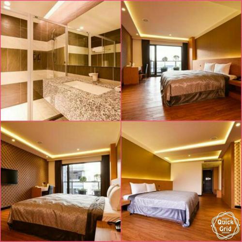 four different pictures of a hotel room with two beds at Ai Ni Ya Motel in Beigang
