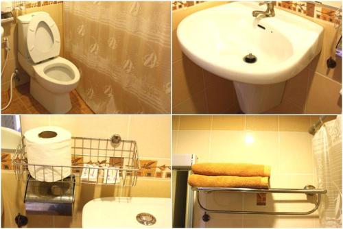 three pictures of a bathroom with a sink and a toilet at Cha Am Perfect in Cha Am