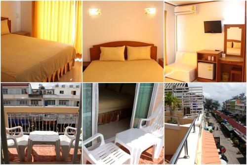 un collage di quattro foto di una camera d'albergo di Cha Am Perfect a Petchaburi