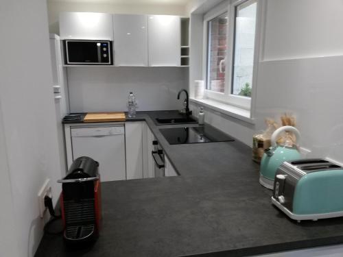 une petite cuisine avec un évier et un micro-ondes dans l'établissement Pause Messines Chez Anne-Marie, à Verlinghem