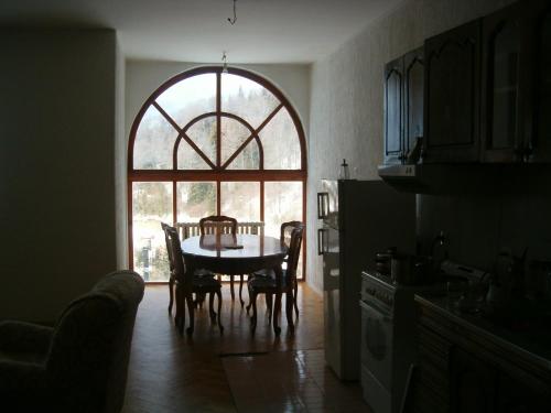 uma cozinha com mesa e cadeiras e uma janela em Villa Kostic Kopaonik em Kopaonik