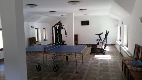 a room with a ping pong table and exercise bikes at Pensiunea Lorena in Cozla