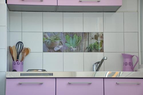 a kitchen with pink cabinets and potted plants on the wall at Apartments Mike in Novalja