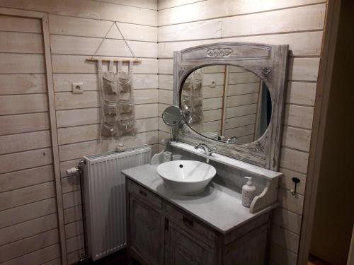 a bathroom with a sink and a mirror at B&B Le Bonimenteur in Charleroi