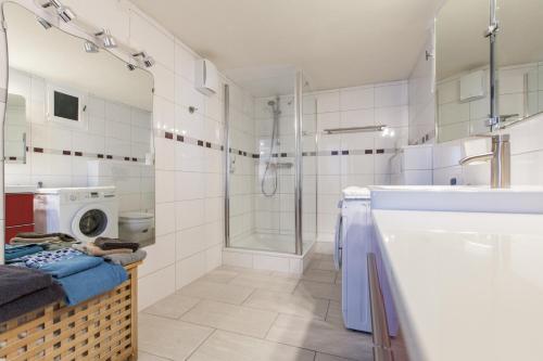 une salle de bain avec douche et lavabo et une machine à laver dans l'établissement Joli gîte proche Strasbourg, à Breuschwickersheim