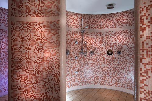 a bathroom with a shower with red tiles at Hapimag Ferienwohnungen St Michael in Sankt Michael im Lungau
