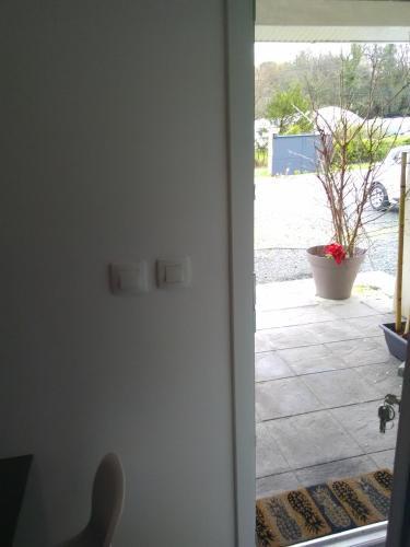 a door leading to a patio with a plant at Chambre d'Hôtes Les Macarons de Tata in Sainte-Eulalie