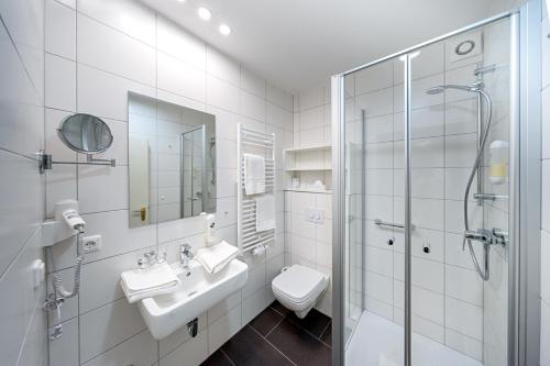ein Bad mit einem Waschbecken, einer Dusche und einem WC in der Unterkunft Parkhotel Pyrmont in Bad Pyrmont