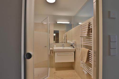 a bathroom with a sink and a shower and a mirror at Gasthof Alpenblick in Amstetten