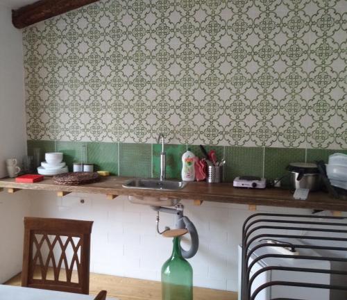 a kitchen with a sink and a wall with a wallpaper at WUNDERGARTEN Dimora dei Frati in Gratteri