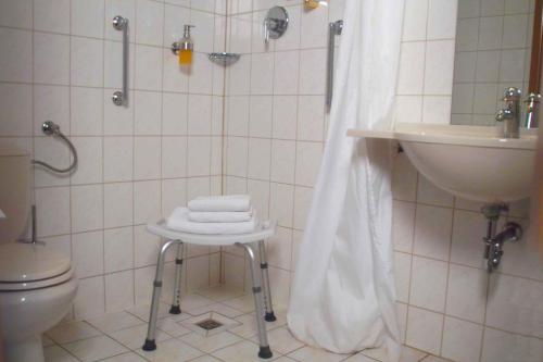 a bathroom with a toilet and a shower and a stool at Keramik Hotel Rheinsberg in Rheinsberg