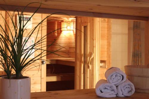 a room with a table with towels and a plant at Ökonomiehof in Lichtenfels