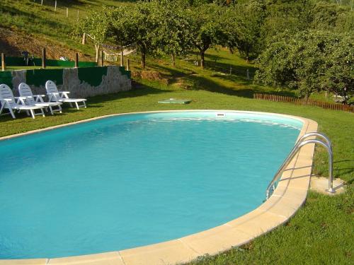 a large swimming pool with chairs in the grass at Posada El Bosque in Mieses