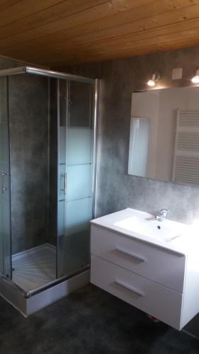 La salle de bains est pourvue d'une douche et d'un lavabo blanc. dans l'établissement Chalet Beziers, à Béziers