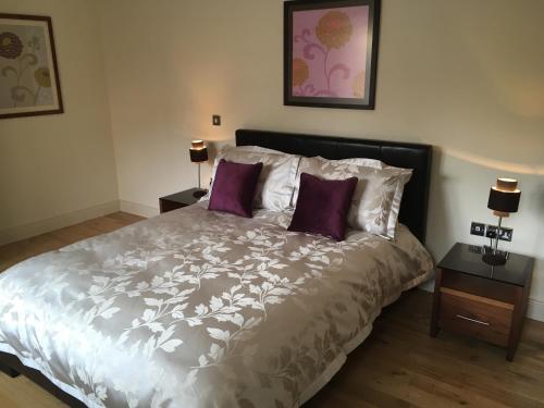 キラーニーにあるBeautiful Killarney Apartmentのベッドルーム1室(大型ベッド1台、紫色の枕付)