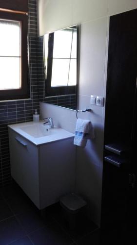 a bathroom with a sink and a toilet and a mirror at Las Cabraliegas in Arenas de Cabrales