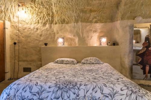 une chambre avec un lit avec deux oreillers dessus dans l'établissement Amboise Troglodyte Villa, à Pocé-sur-Cisse