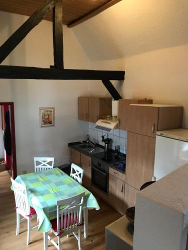 a kitchen with a table and chairs in a room at Gästehaus Windheim (Karlsruher Denkmal) in Karlsruhe