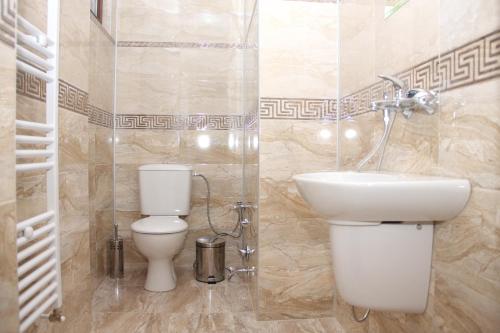 La salle de bains est pourvue de toilettes et d'un lavabo. dans l'établissement Guest House Stelia, à Velingrad