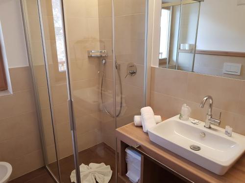a bathroom with a shower, sink, and toilet at Hotel Fernblick in Bressanone