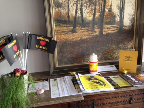 a desk with a painting and books on it at Ferme du Charme in Moustier