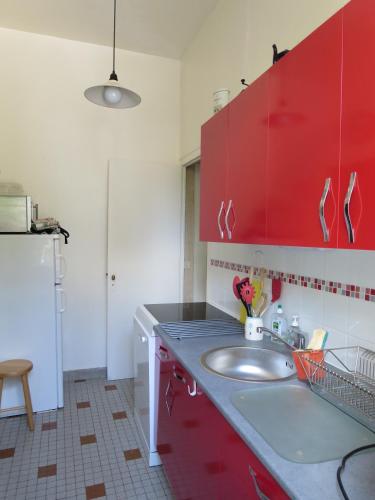 a kitchen with red cabinets and a sink at La Chevalerie in Bléré