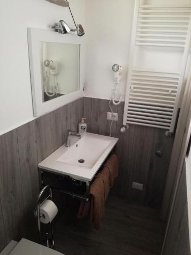 a bathroom with a white sink and a mirror at La Casetta della letizia in Colle