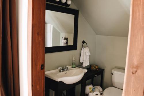 a bathroom with a sink and a toilet and a mirror at Country Barn B and B in Stirling