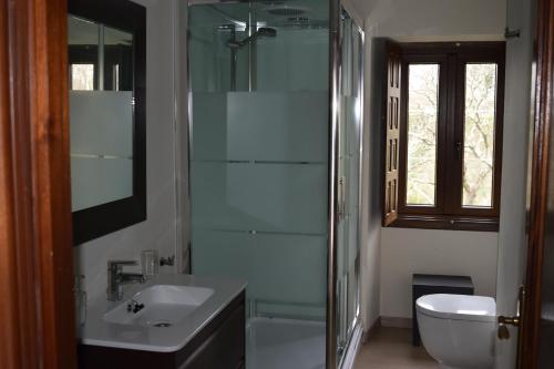 La salle de bains est pourvue d'un lavabo, d'une douche et de toilettes. dans l'établissement Casa Rustica Isabel VT PO 00176, à San Jorge