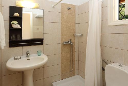 a bathroom with a sink and a toilet and a mirror at Nefeli Hotel in Kommeno