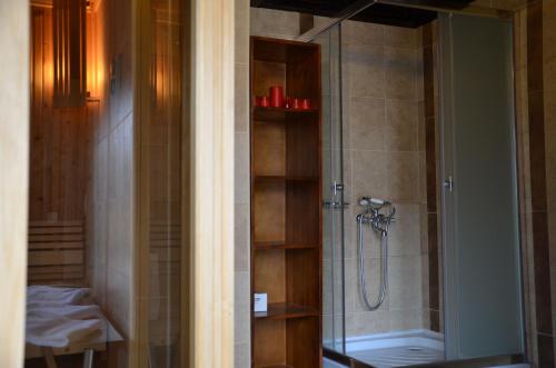 a bathroom with a shower with a glass door at Guest House Laudis in Bansko