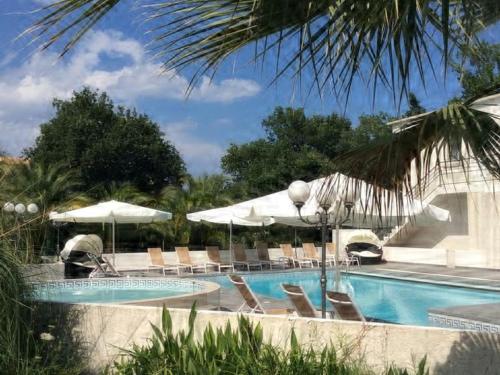 a swimming pool with chairs and umbrellas next to at Spacious holiday home with pool in San-Nicolao