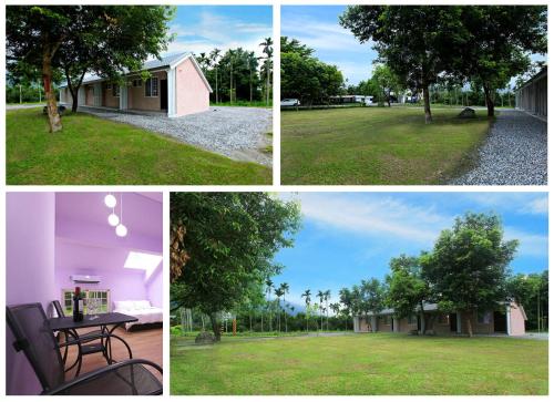 four different pictures of a house and a tree at 鳳林薔薇如画星空民宿 in Fenglin