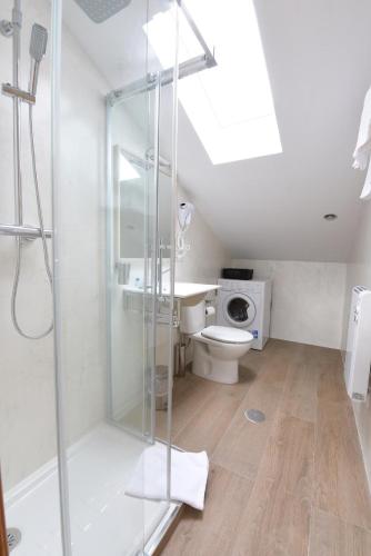 a bathroom with a shower and a toilet and a sink at Apartamentos LLANES & GOLF in Llanes